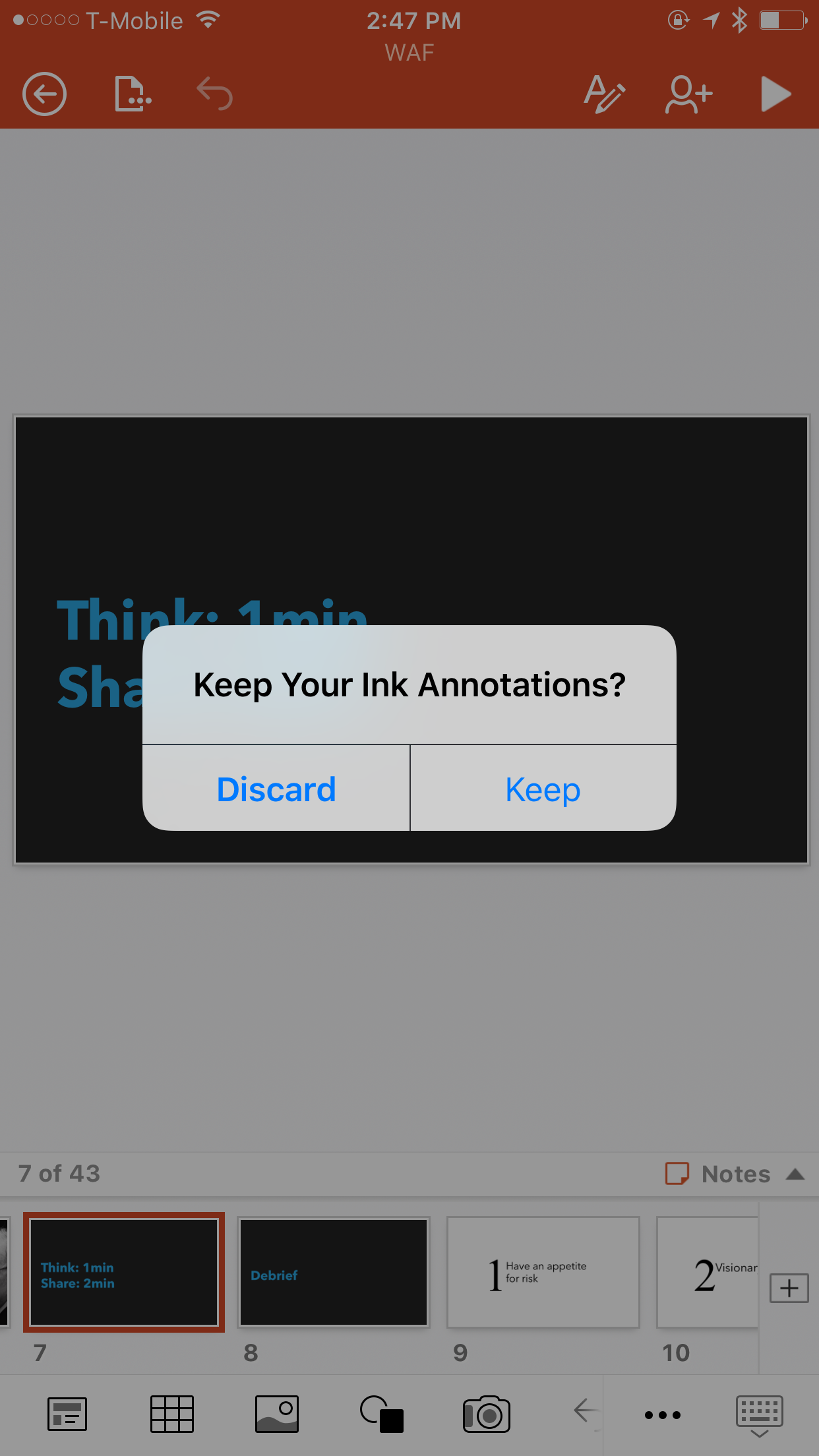 PowerPoint iOS with a dialog that says: keep your ink annotations? with the options Discard, Keep
